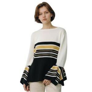MELISSA PAIGE Striped Bell Sleeve Sweater White, Yellow and Blk PETITE Size PM